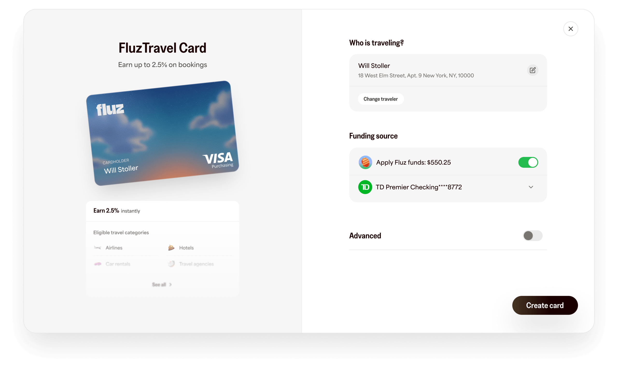 Jetsetter Card creation interface