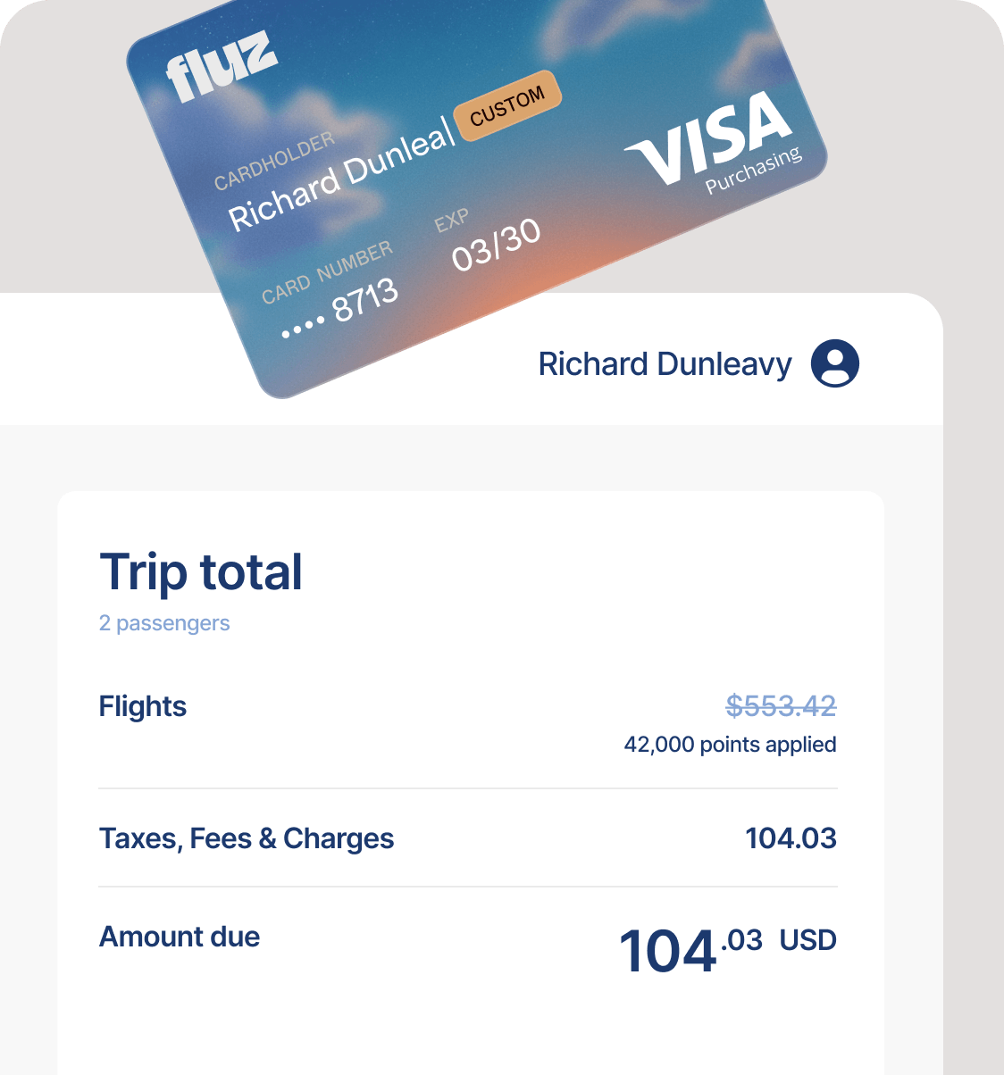 FluzTravel card and trip total checkout