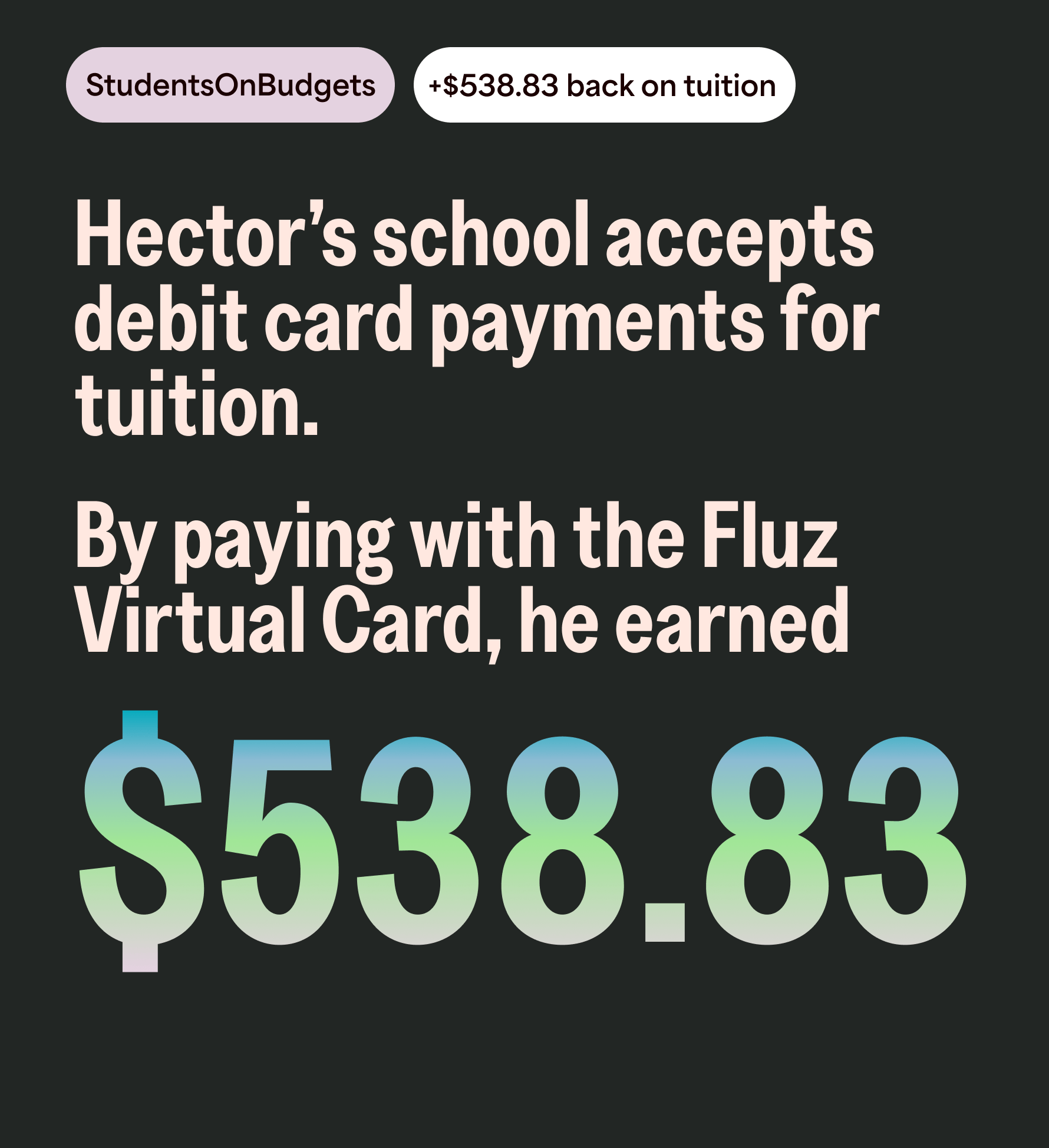 StudentsOnBudgets, +$538.83 back on tuition. Hector’s school accepts debit card payments for tuition. By paying with the Fluz Virtual Card, he earned $538.83