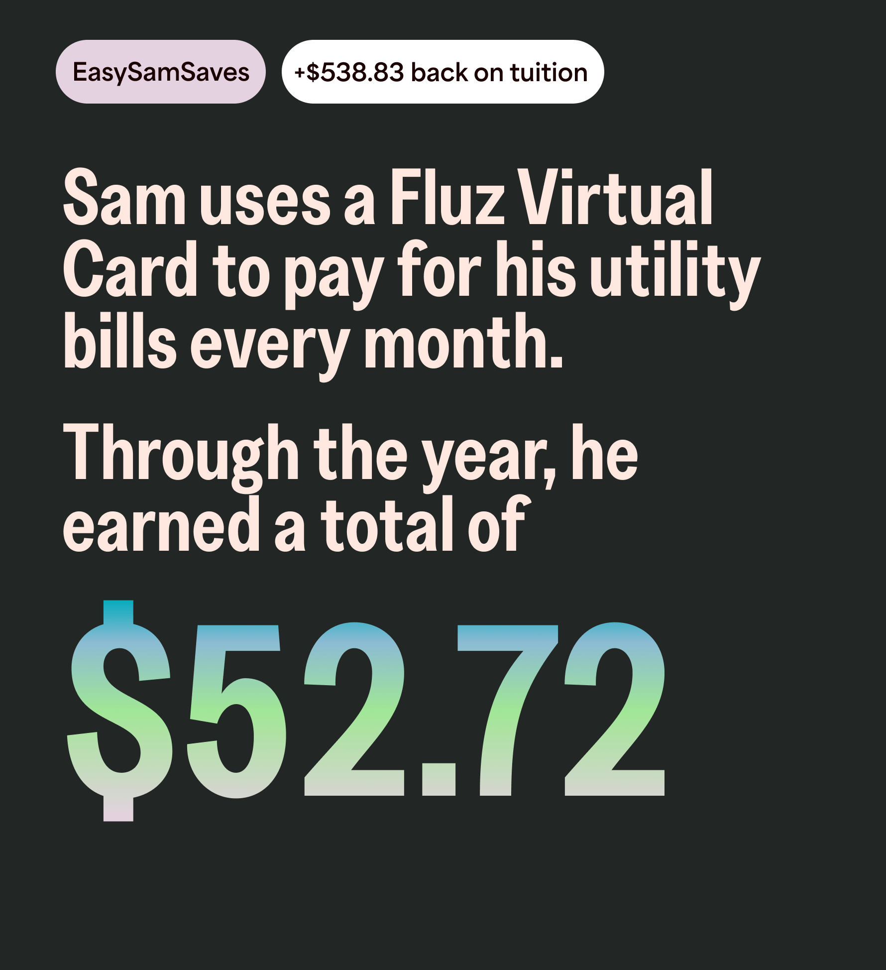 EasySamSaves, +$52.72 on utilities. Sam uses a Fluz Virtual Card to pay for his utility bills every month. Through the year, he earned a total of $52.72